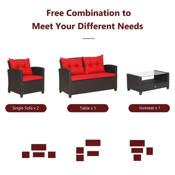 Costway 4 PCS Patio Rattan Furniture Set Glass Table Shelf Sofa