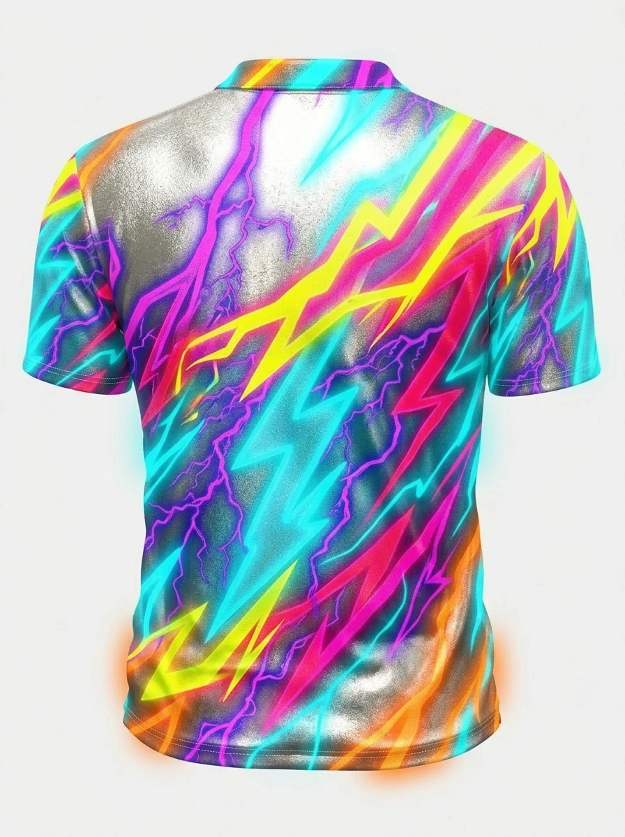 Moisture Wicking Golf Polo 3D Silver Multicolor Lightning Button Short Sleeve Golf Polo Shirt