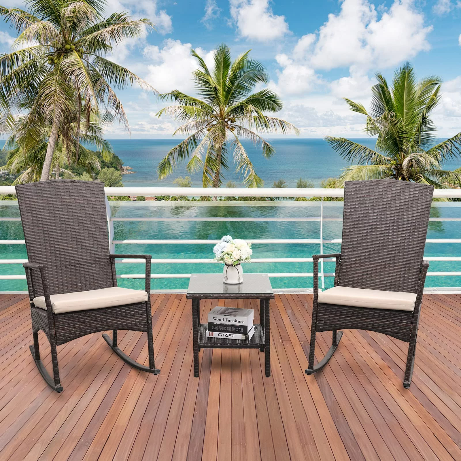 KINSUITE 3Pcs Outdoor Rattan Wicker Rocking Chair Patio Bistro Set Conversation Furniture with Glass Coffee Table, Khaki Cushion
