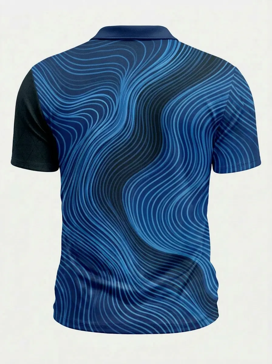 Moisture Wicking Golf Polo 3D Blue Black Wavy Line Button Short Sleeve Golf Polo Shirt