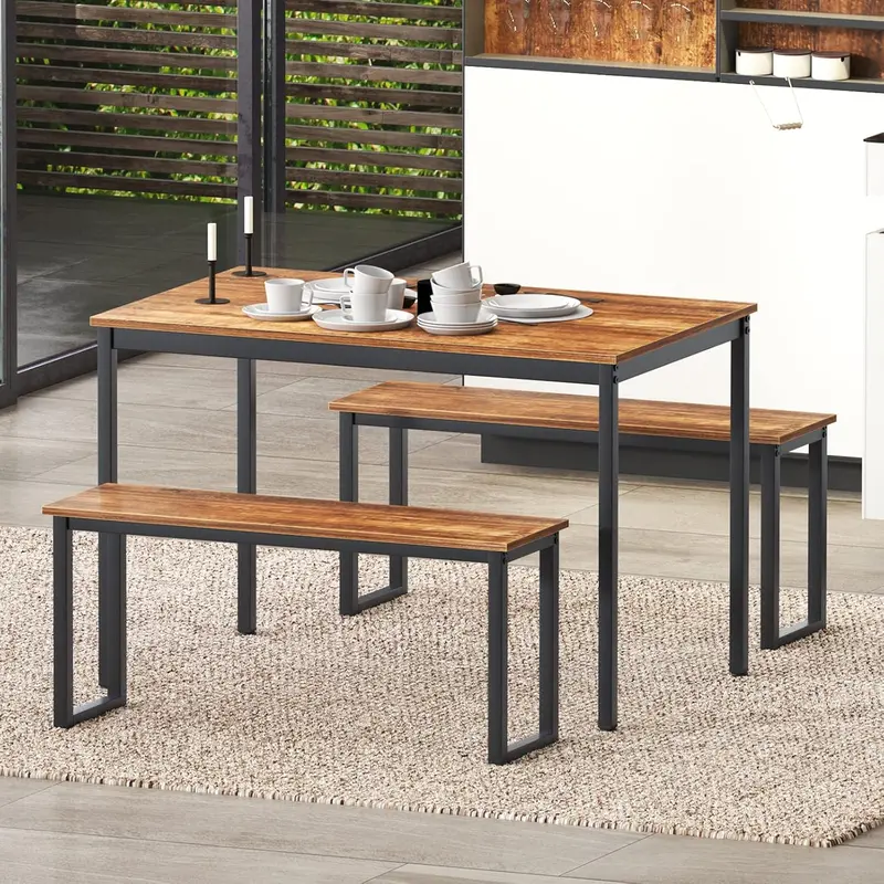 Soho-Style 3-Piece Dining Set – Space-Saving Brown Table with Two Benches for Four People