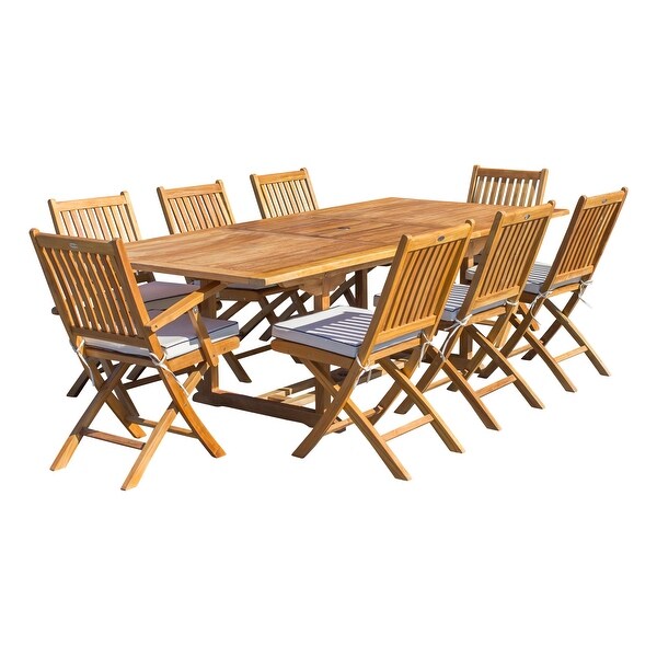 Seven Seas Teak 9 Piece Teak Wood Santa Monica Patio Dining Set,Rectangular Extension Table,8 Folding Arm and Side Chairs