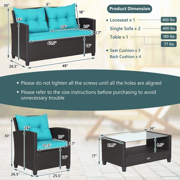 Costway 4 PCS Patio Rattan Furniture Set Glass Table Shelf Sofa