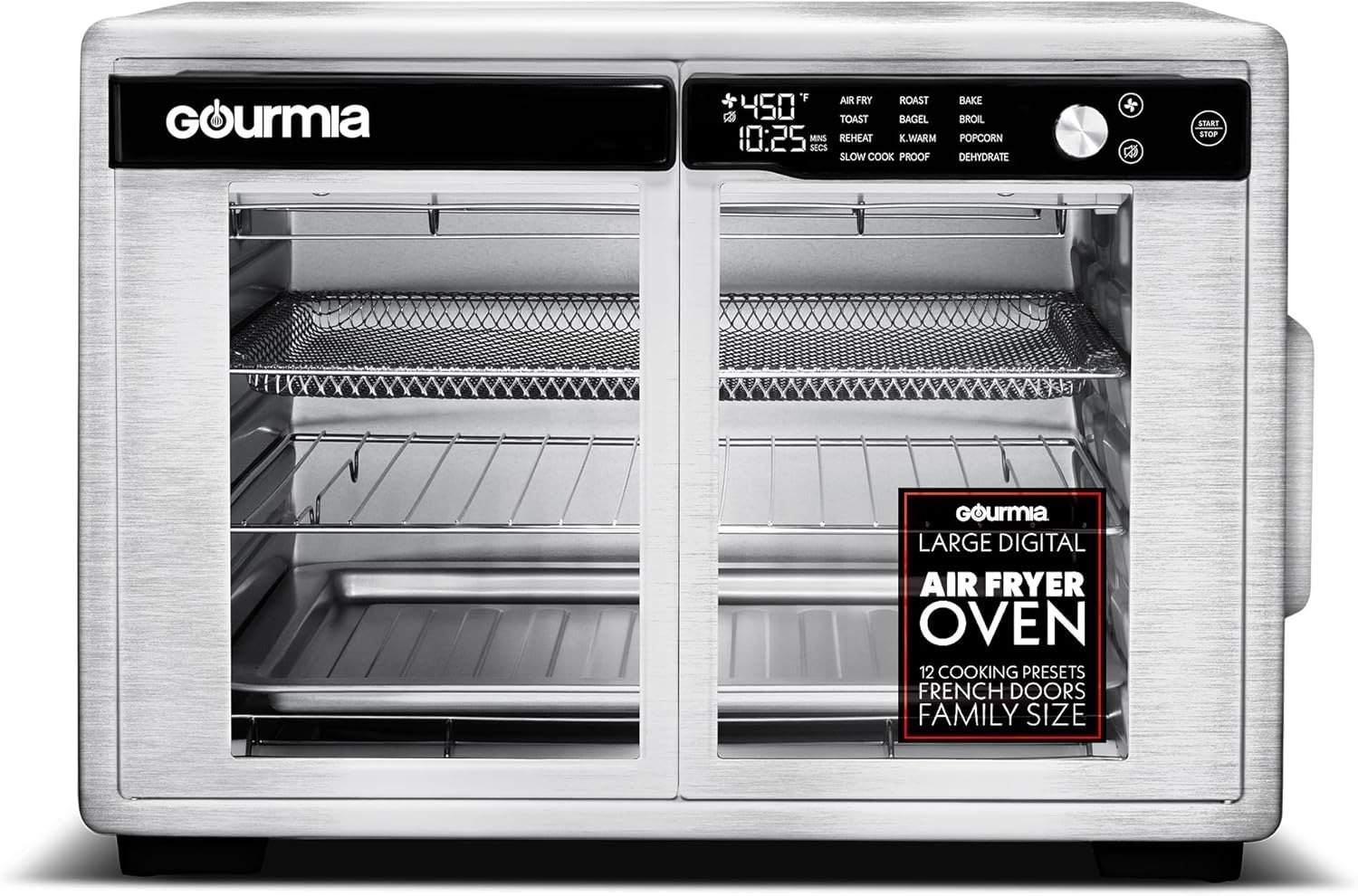 French Door Air Fryer Oven – 37 Qt Large Capacity Convection Toaster Oven, FryForce 360°, Digital Display, 12 Cooking Presets, Dehydrate, Fits 13” Pizza, Dishwasher-Safe, Stainless Steel