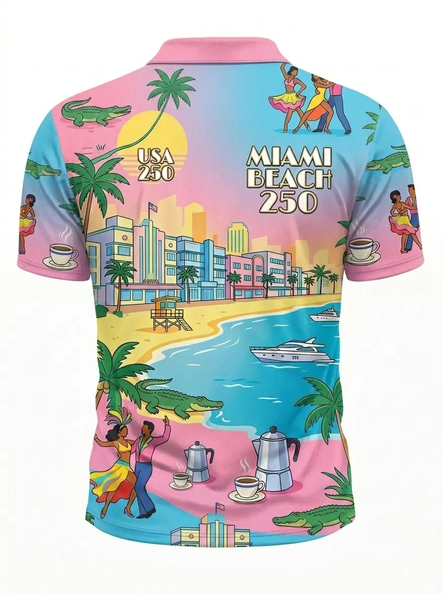 Moisture Wicking Golf Polo 3D Miami Beach 250 Tropical Vacation Button Short Sleeve Golf Polo Shirt