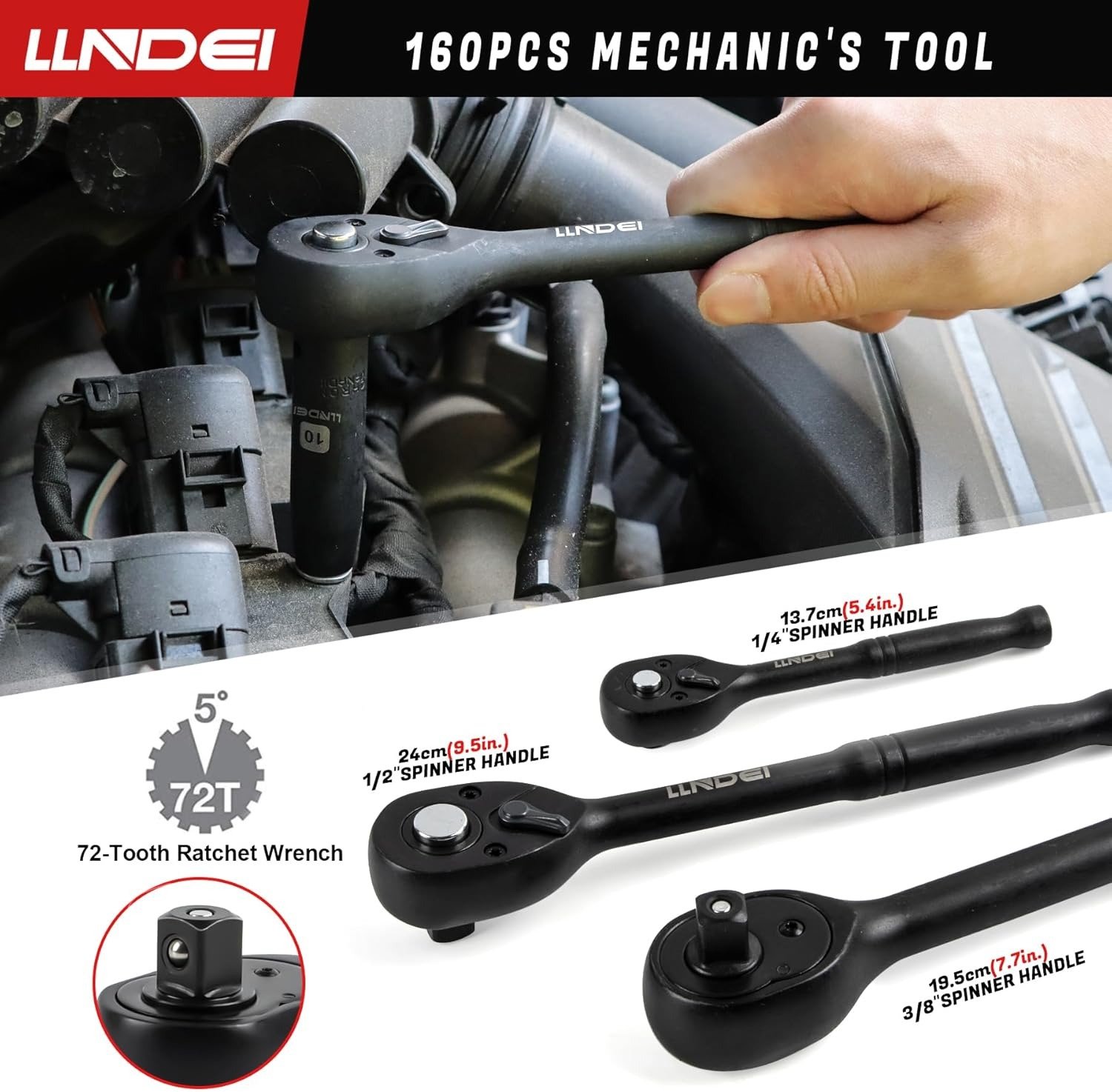 160-Piece Mechanics Tool Set, Metric Socket Set 1/2 1/4 3/8 inch Drive Professional Tool Kit, CR-V Deep & Shallow Kit with Quick Release Ratchet