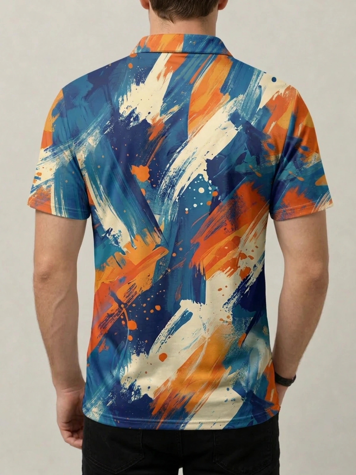 Blue Orange White Abstract Brushstroke Print Short Sleeve Golf Polo Shirt
