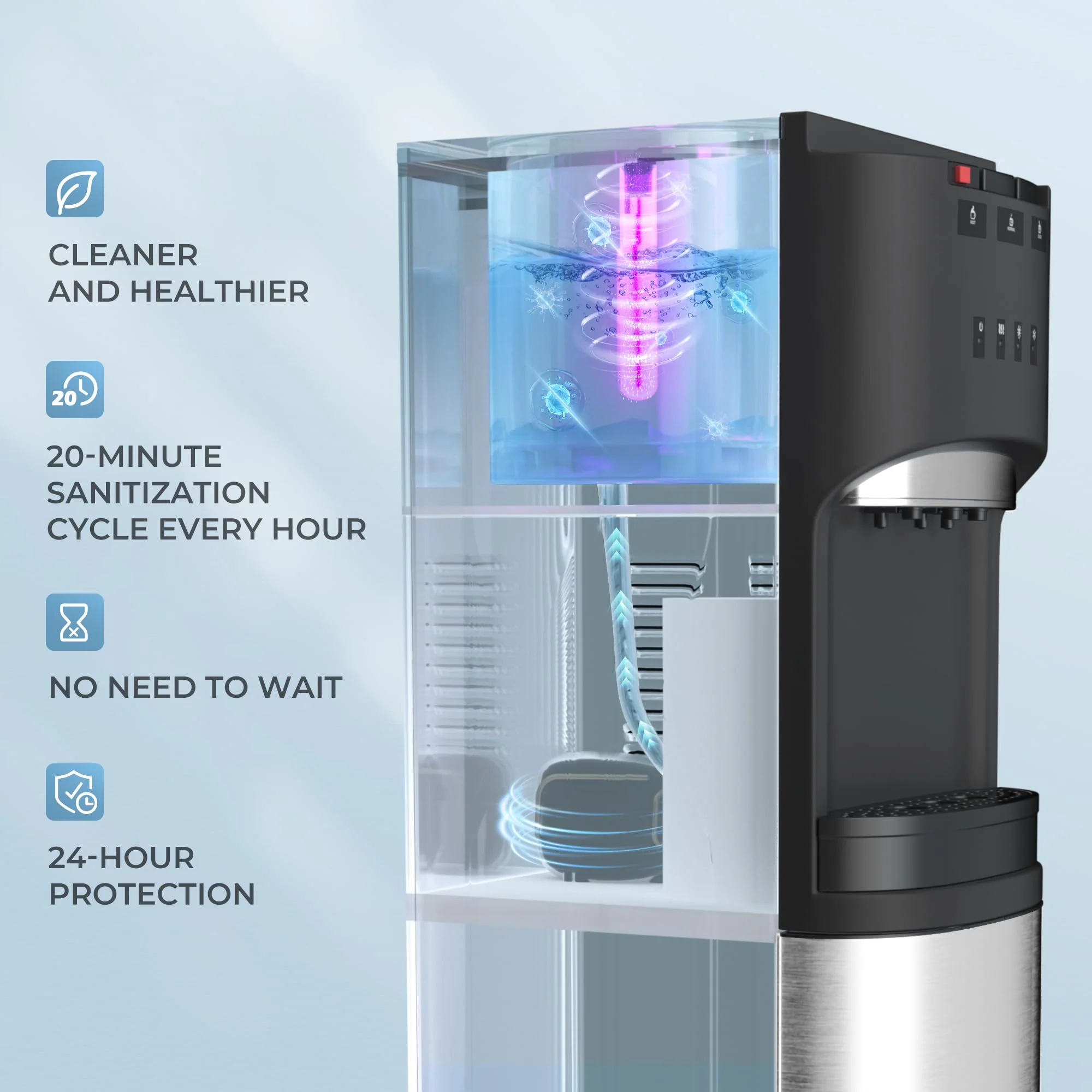 Self Cleaning Bottom Loading Water Cooler Dispenser, with UV Lights Stainless Steel