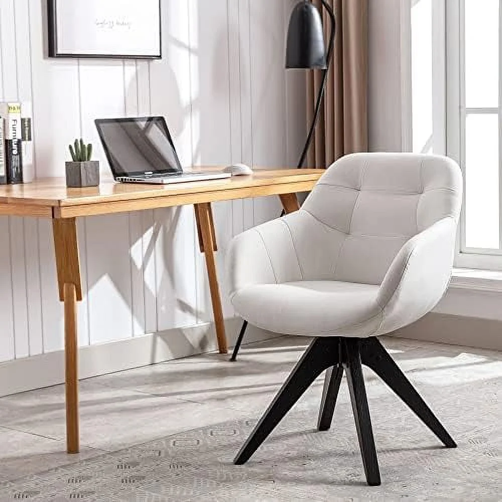 HOOMZNB Mid Century Modern Swivel Armchair  Fabric Accent Chair  Home Office Desk Chair No Wheels  Dining Chair with Black Oak Wood Legs for Small Space Slim Adult  Light Grey
