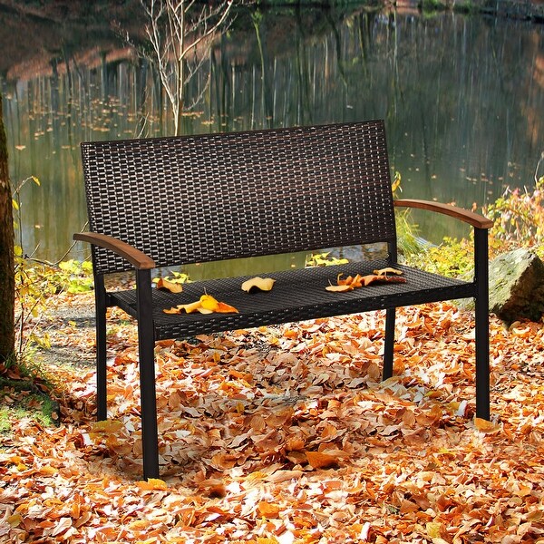 Gymax Patio Wicker Bench All Weather Rattan Chair Loveseat w/ Acacia