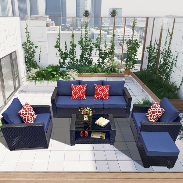 Modern 7PC PE Rattan Wicker Sofa Set,Cushioned Outdoor Furniture,Coffee Table