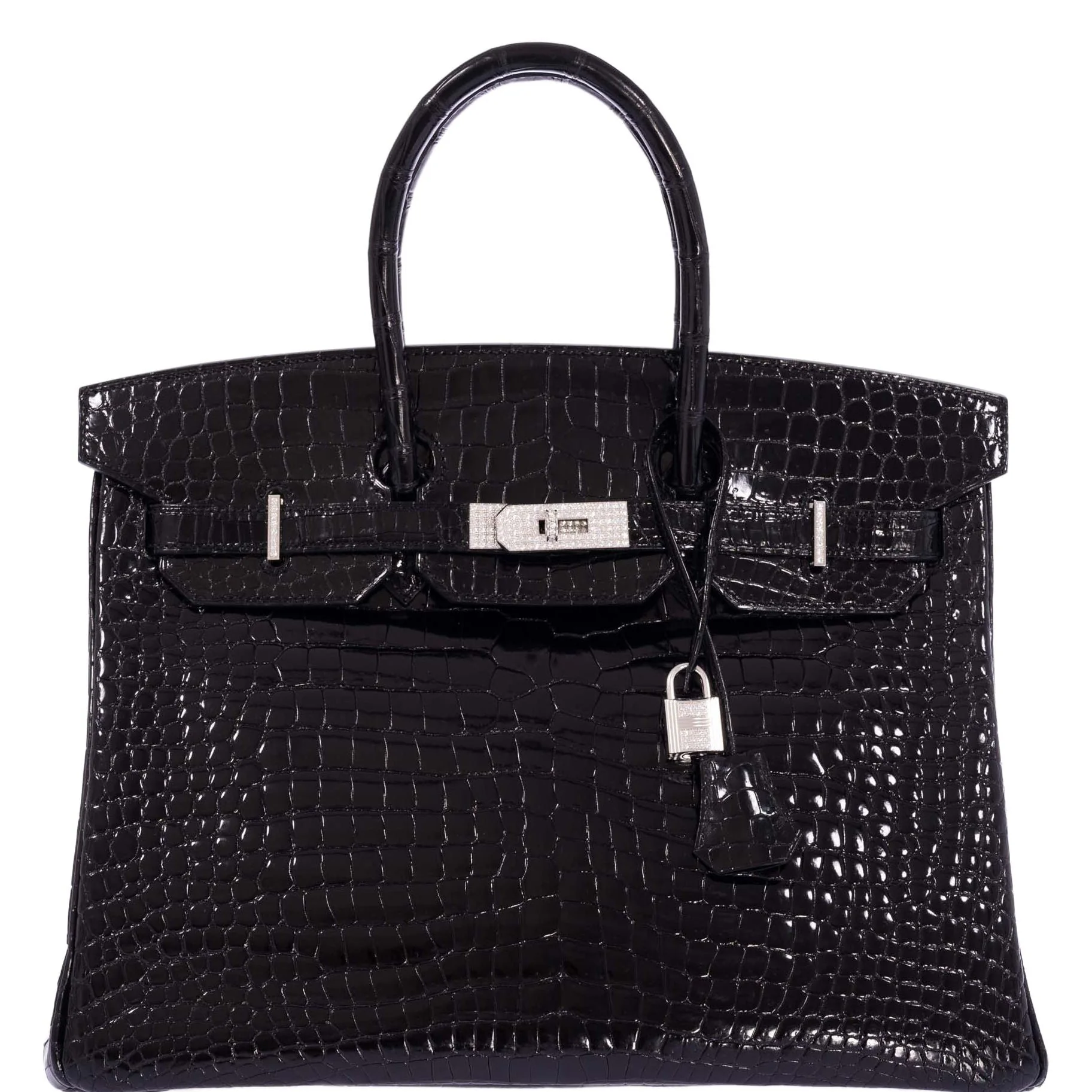 Hermès Birkin 35 Noir Shiny Porosus Crocodile 18K White Gold & Diamond Hardware