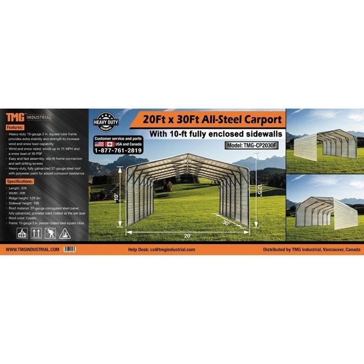 20′ x 30′ All-Steel Carport Shed With 10′ Enclosed Sidewalls
