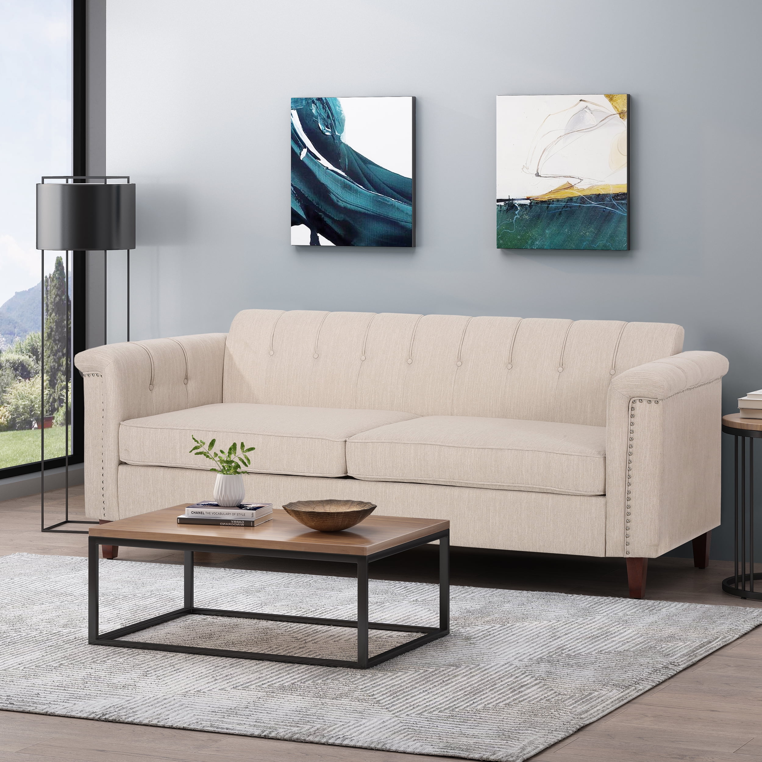 Shahmeer Contemporary Channel Stitch Fabric 3 Seater Sofa, Beige and Espresso