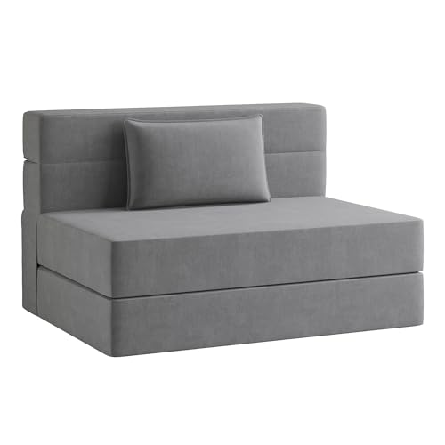 Luoxiao Convertible Folding Sofa Bed Twin Size - 4 in 1 Sleeper Chair with Pillow, Linen Fabric Foldable Memory Foam Mattress for Living Room/Dorm/Guest/Home Office/Apartment, Off White