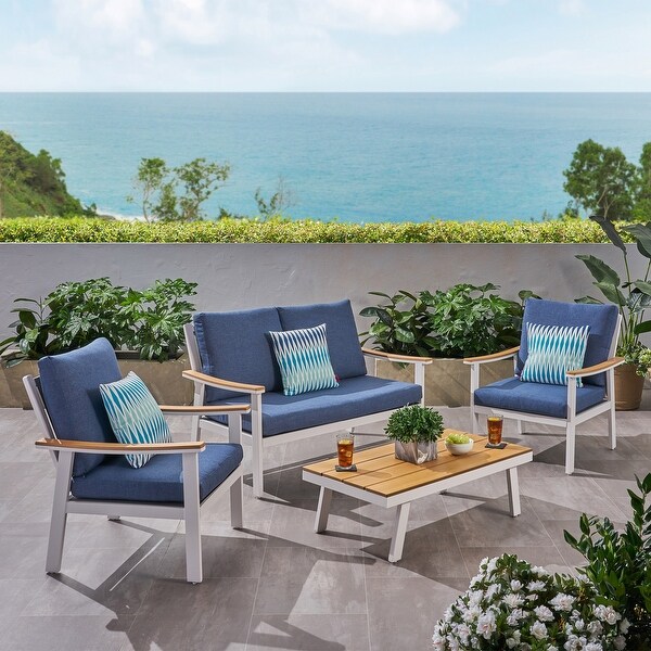 Sinclair Outdoor 4 Piece Aluminum and Faux Wood Chat Set by Christopher Knight Home