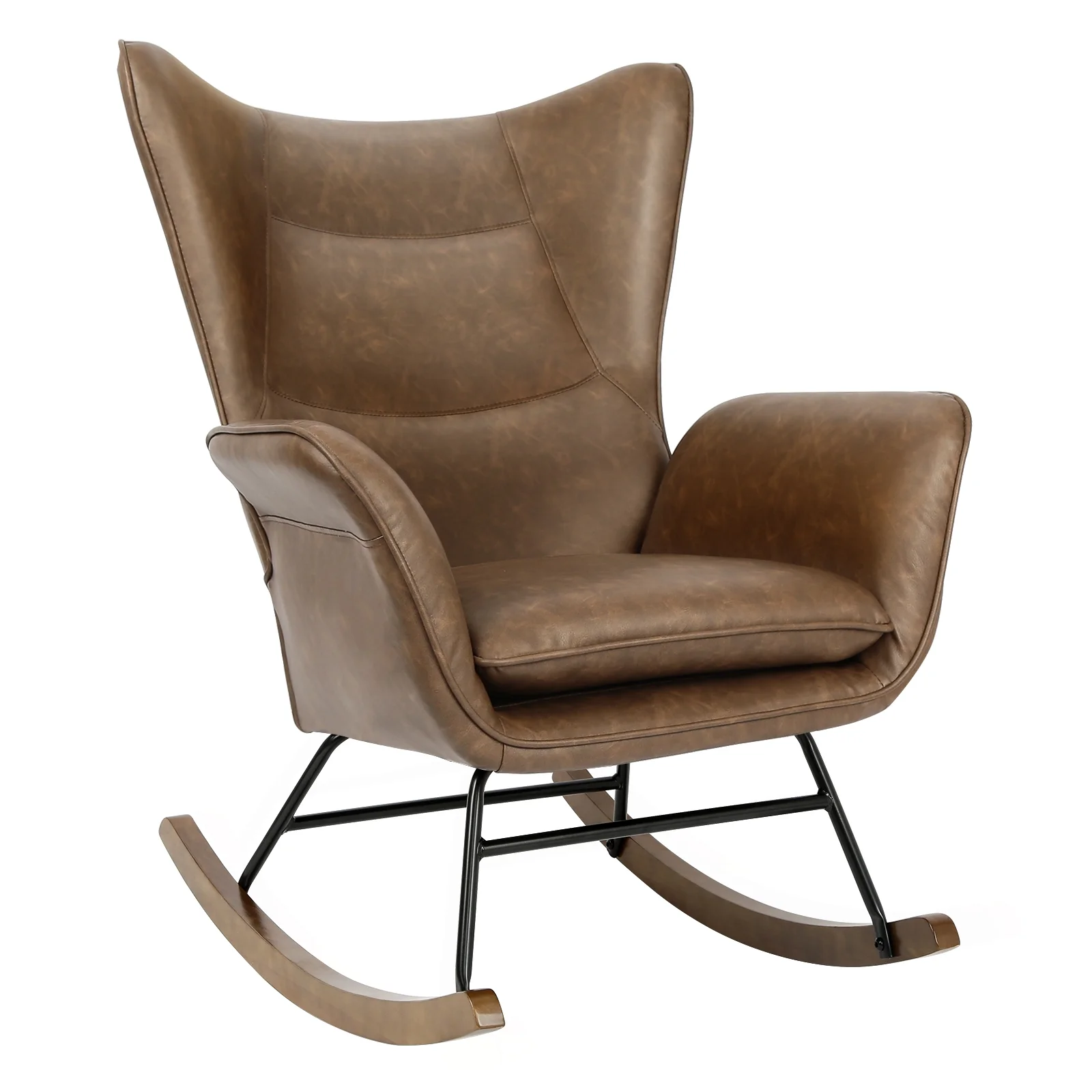 Rocker Glider Chair PU Leather Modern Rocking Chair with Wooden Base High Backrest and Armrests Padded Seat Comfy Upholstered Accent Chair for Living Room Bedroom Office Brown