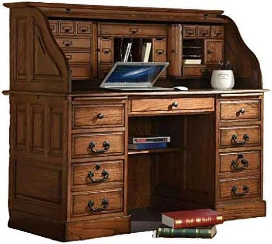 sell well Top Desk Solid Oak Wood - 54 Inch Deluxe Executive Rolltop Desk Burnished Walnut Stain for Home Office Secretary Organizer Roll Hutch Top Easy Assembly Quality Crafted Construct