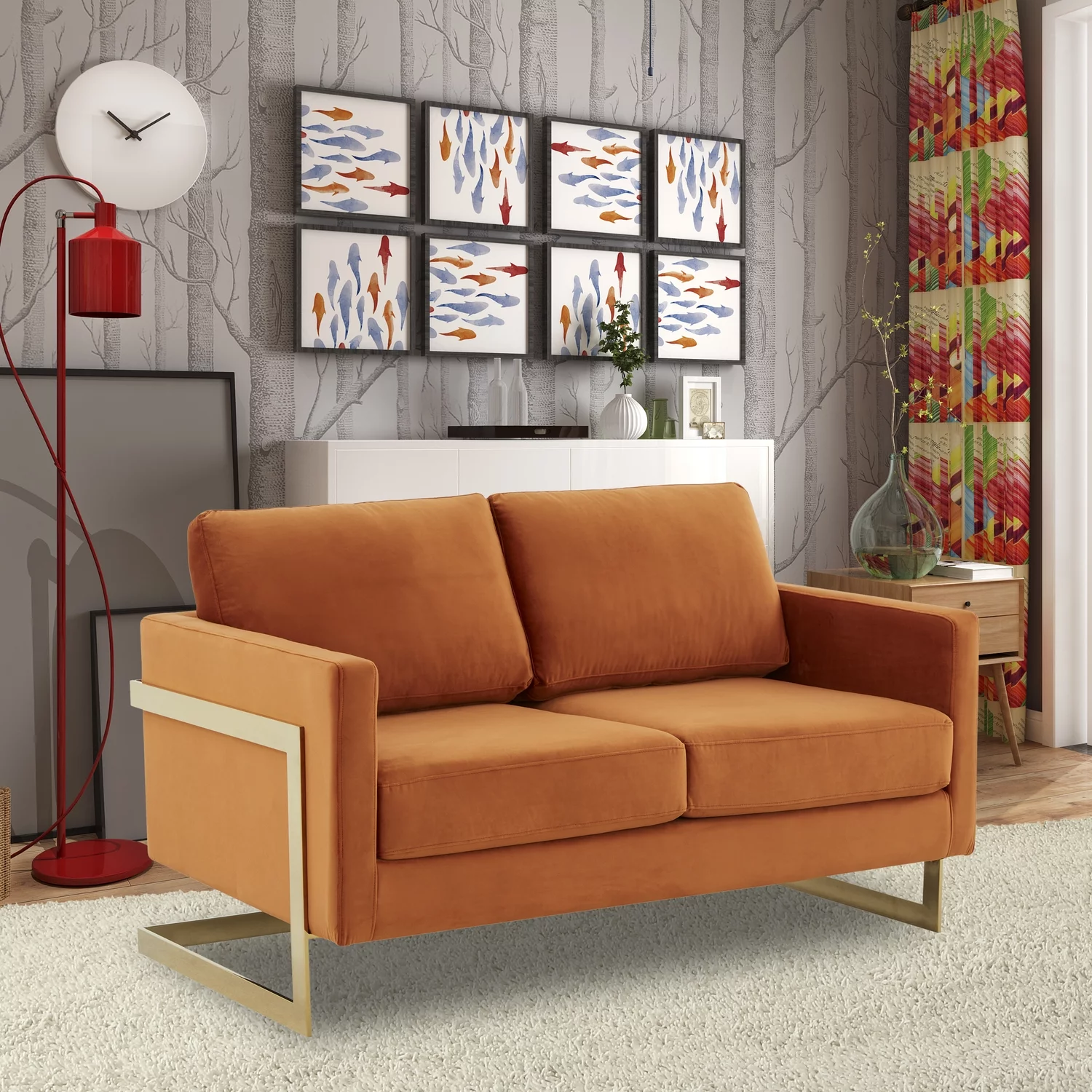 Maykoosh Artistic Accomplishment Modern Mid-Century Upholstered Velvet Loveseat with Gold Frame