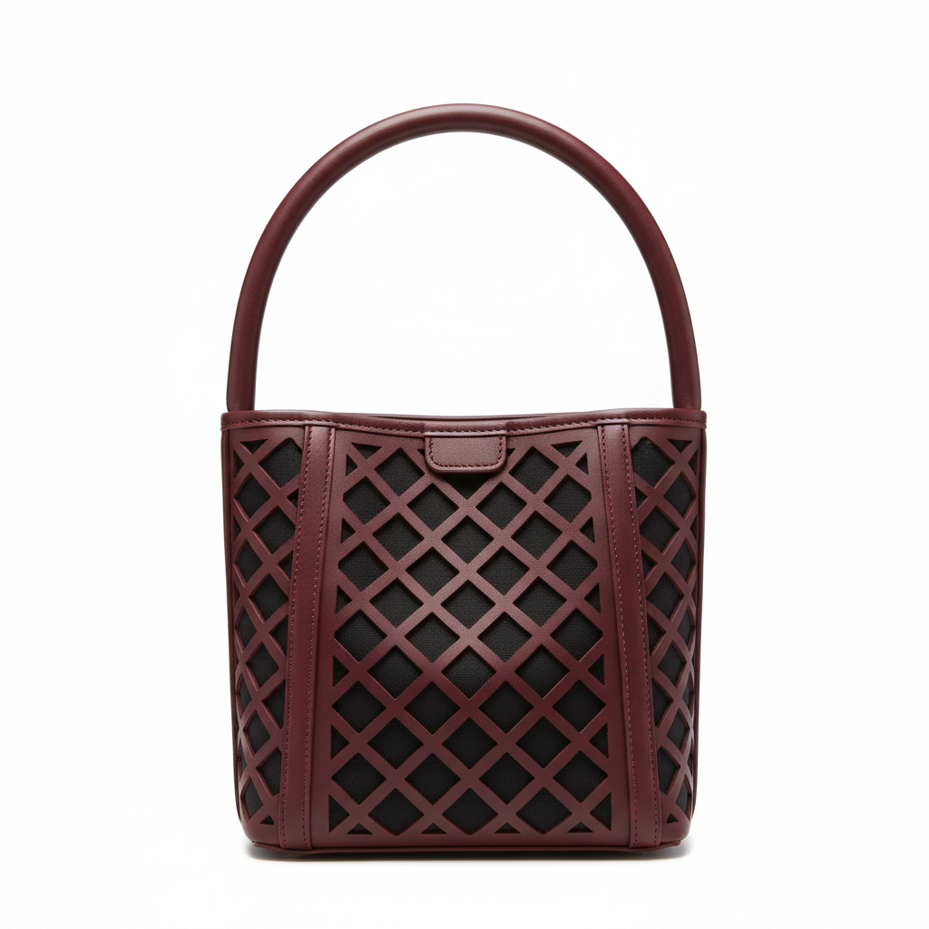 Burgundy Lattice Cutout Leather Bucket Bag