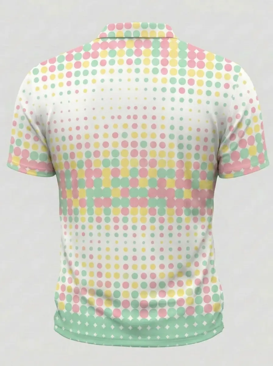 Moisture Wicking Golf Polo 3D Pastel Multicolor Dot Pattern Button Short Sleeve Golf Polo Shirt