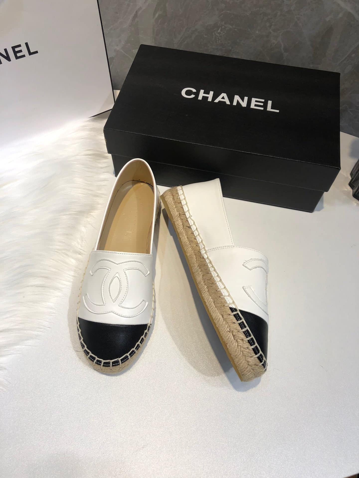 Chanel Embroidered Espadrille Leather Black Cap Toe Flats White Cc