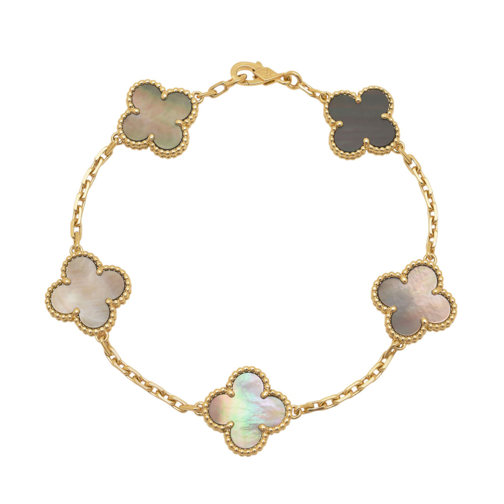 Van Cleef & Arpels Vintage Alhambra 5 Motifs Bracelet 18K Yellow Gold Mother of Pearl