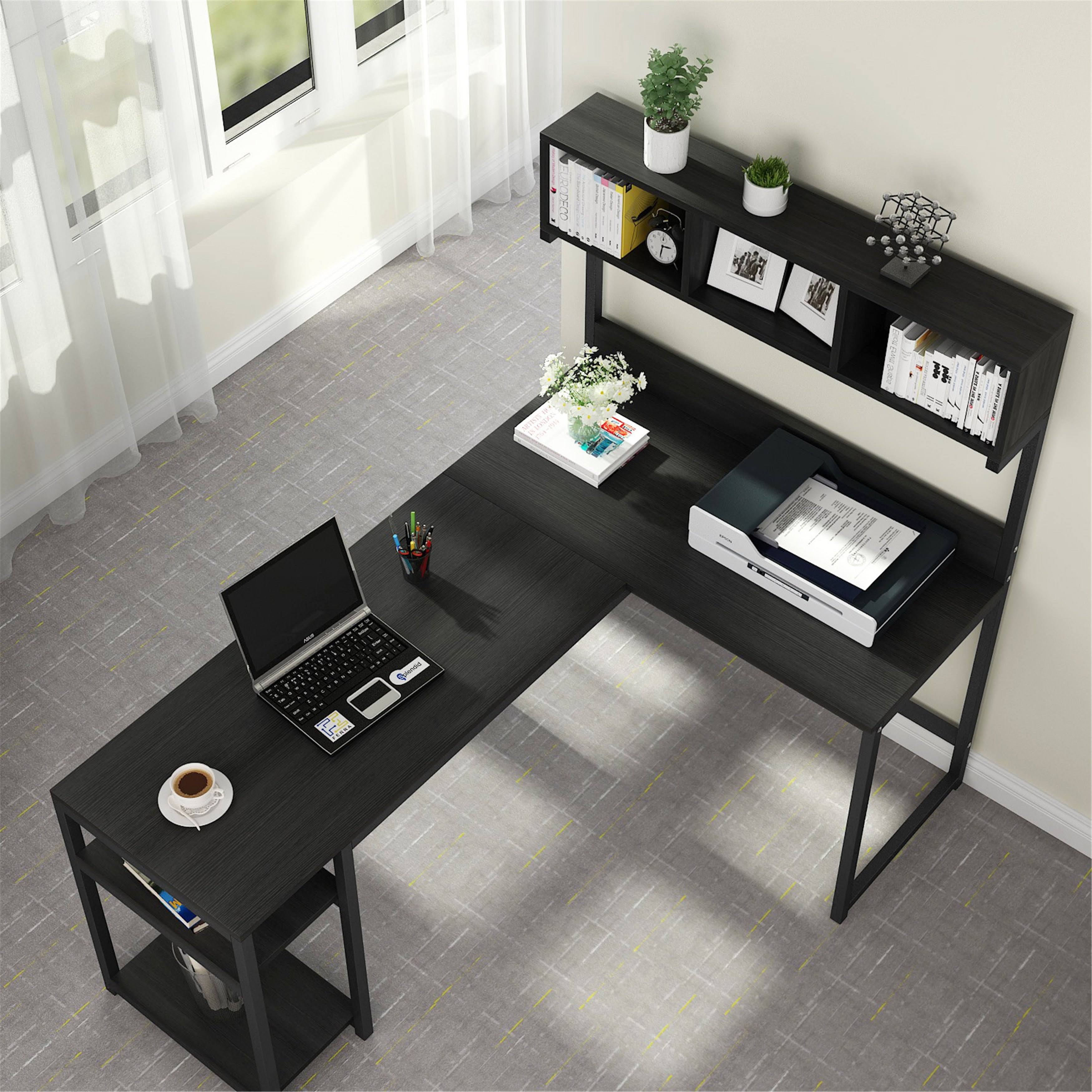 LShaped Computer Desk with Hutch Shelves, Writing Desk - Brown