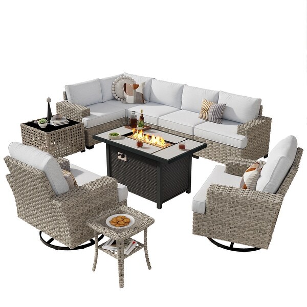 OVIOS 10 Pieces T shaped Seat Wide Armrest Swivel Chair Set With SolarPowered TableandFire Pit