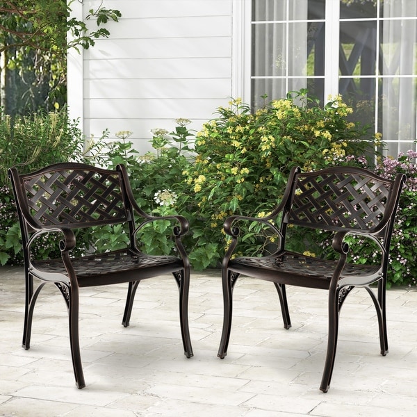 Cast Aluminum Dining Chairs Set of 2 with Patio Chairs Armrests Flower PatternBronze