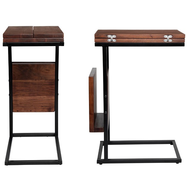 Birdrock Home Acacia Wood Expandable C Shaped Side Table With Magazine Rack Phone amp Tablet Stand