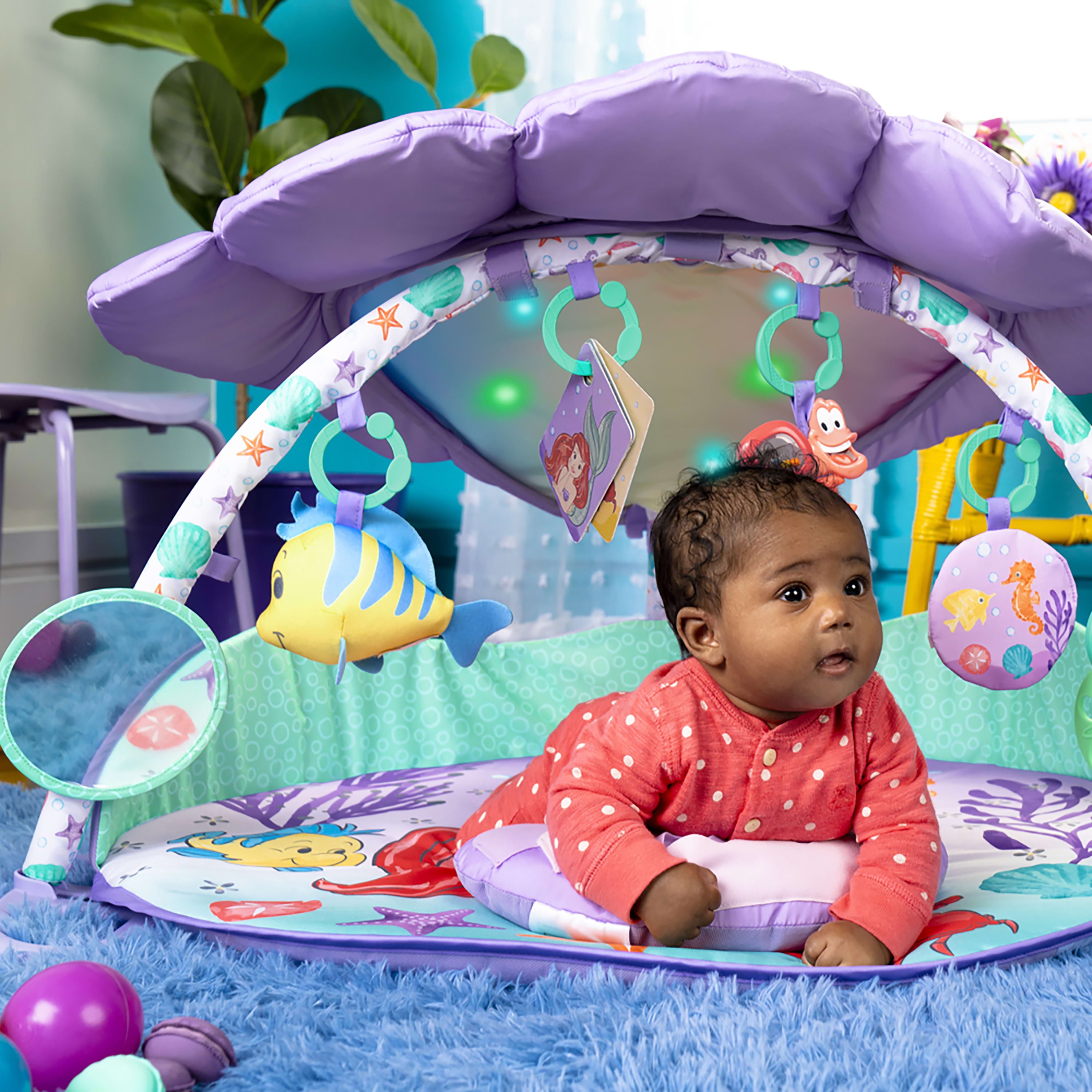 Bright Starts The Little Mermaid Twinkle Trove Light-Up Musical Baby Activity Gym with Tummy Time Pillow, Newborn+