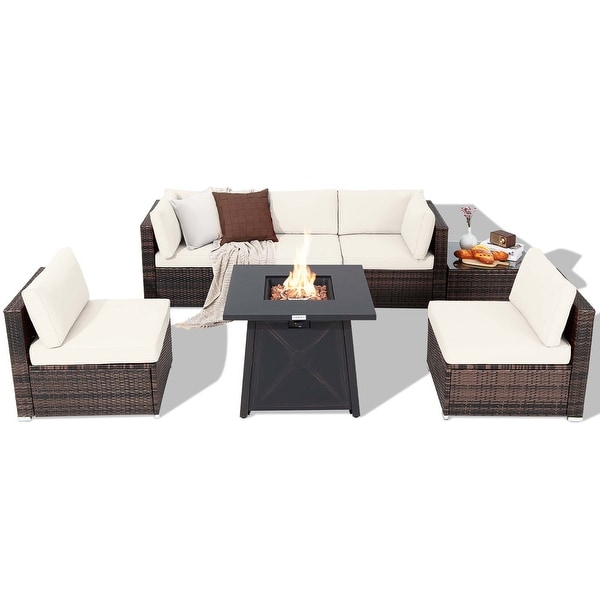 7PCS Patio Conversation Set Furniture Set w /50,000 BTU Fire Pit Table