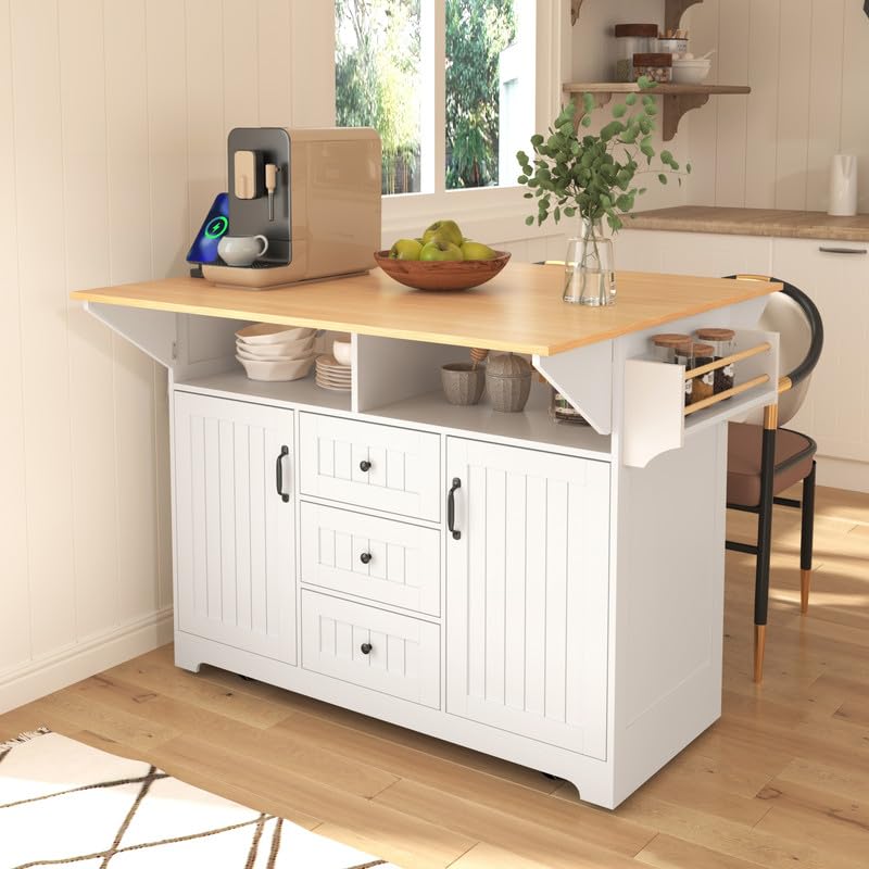55.7'' Large Kitchen Island with 2 Drop Leaf, Rolling Kitchen Cart on 5 Wheels with Power Outlet, Folding Storage Dining Table with Spice & Towel Rack , 3 Drawers, for Kitchen, Dining Room