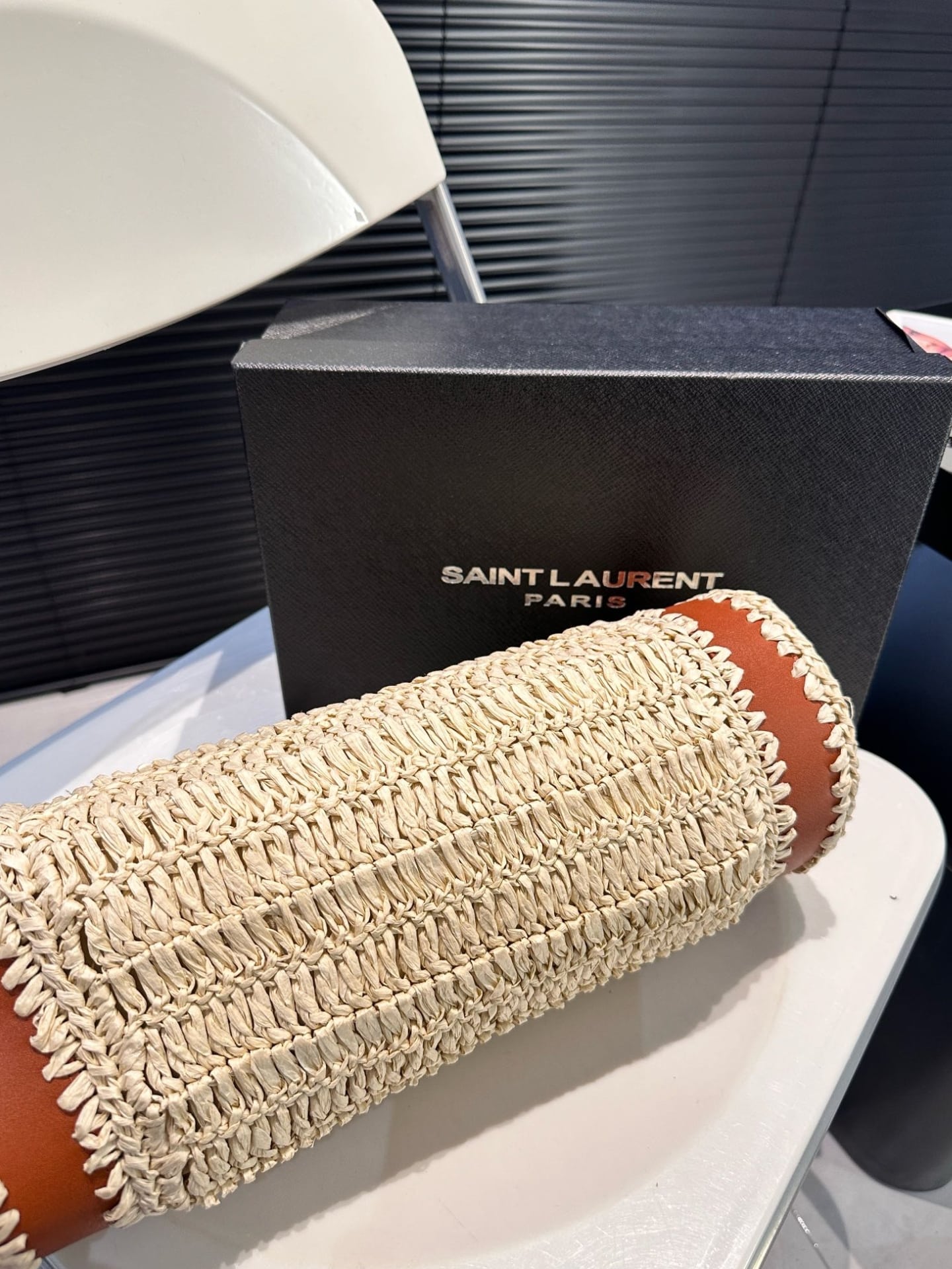 Saint Laurent Sade Raffia Tube Bag In Natural 33Cm