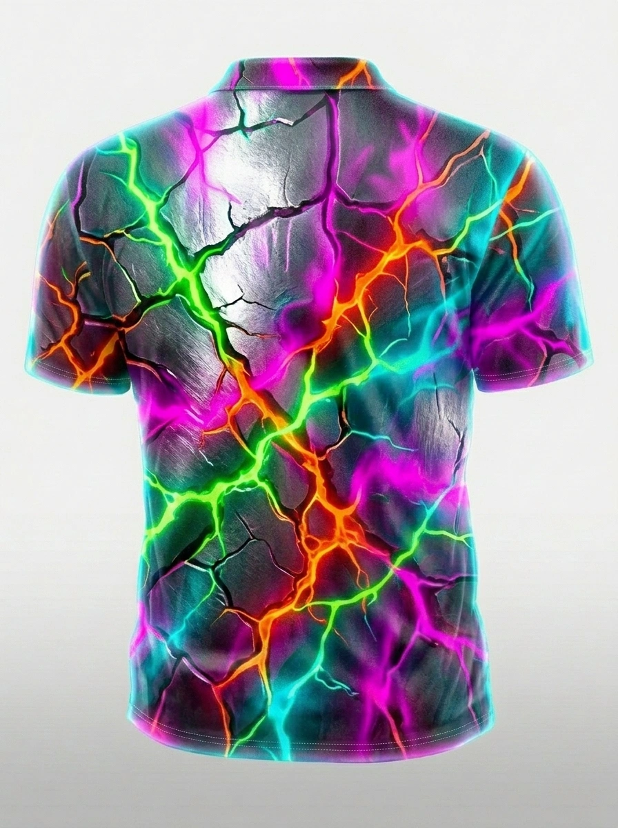 Moisture Wicking Golf Polo 3D Black Neon Cracked Lightning Button Short Sleeve Golf Polo Shirt