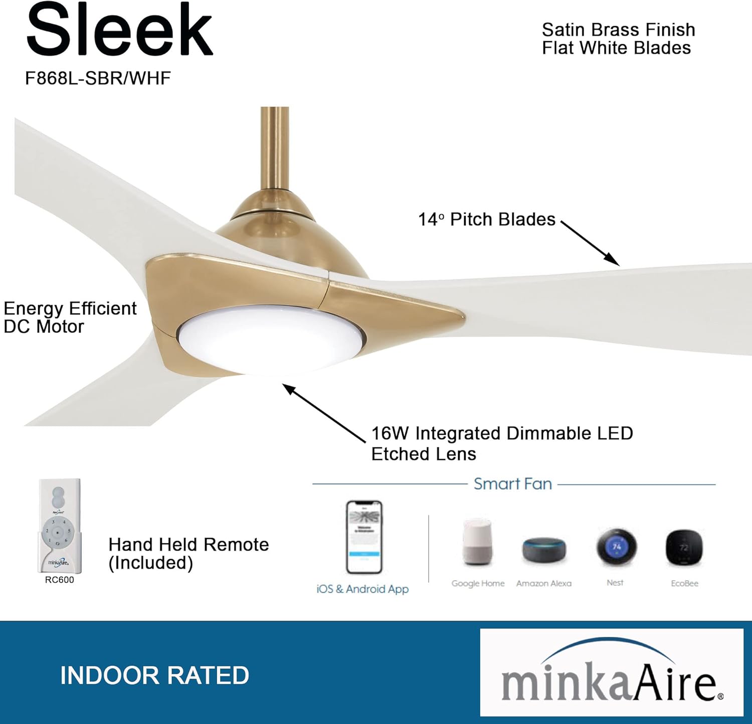 Minka-Aire Sleek 60 Ceiling Fan, Soft Brass/White, LED, Smart Remote/App Control, Energy Star Certified