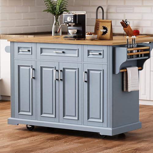 Ball & Cast Large Kitchen Island with 2 Drop Leaf,Rolling Kitchen Cart On 5 Wheels W/Power Outlet&USB Port,Folding Storage Dining Table W/Spice&Towel Rack,3 Drawers,for Kitchen,Dining Room,Green,55.7