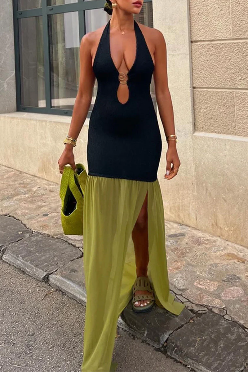 Backless Halter Maxi Dress with High SlitClistos