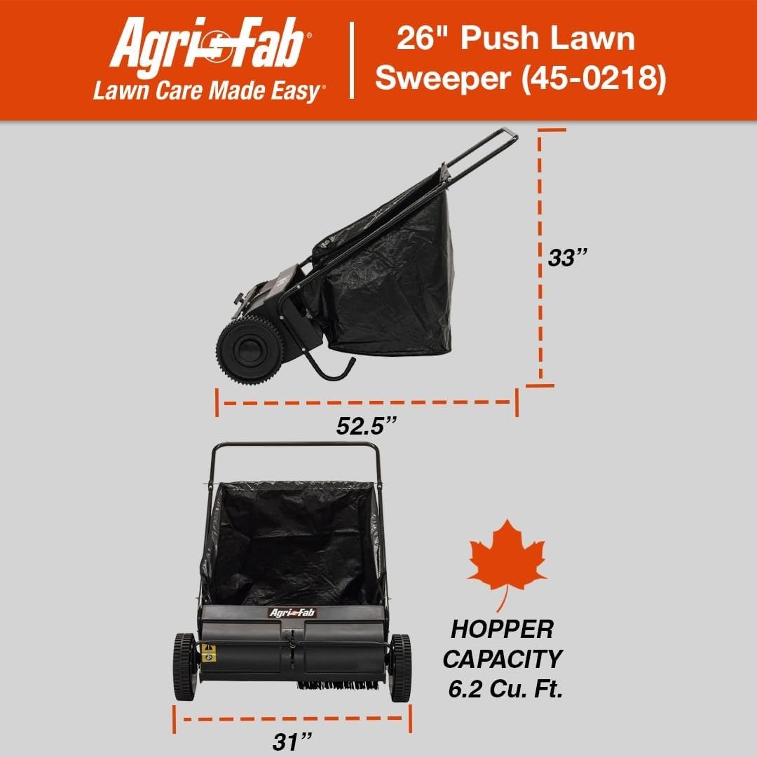 26′′ Push Behind Lawn Sweeper, 7 cu. ft Hopper Bag Capacity; Leaf & Grass Catcher, with Adjustable