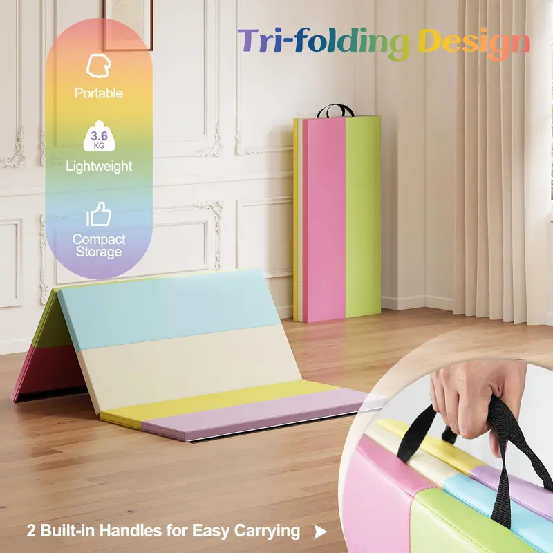 Three-Panel Folding Tumbling Mat – 6′ x 4′ Gymnastics Training Pad with Carrying Handles