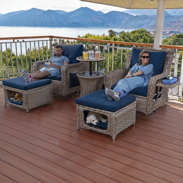 5 Pieces Outdoor Patio Swivel Rocking Chairs Set with with Ottomans and Table