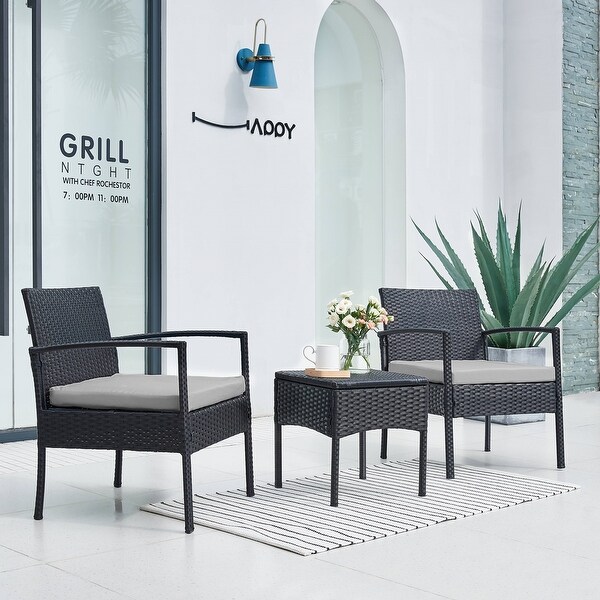 Outdoor Furniture 3 Piece Patio Bistro Furniture Set,Rattan Conversation Chairs Set with Side Table and Cushions