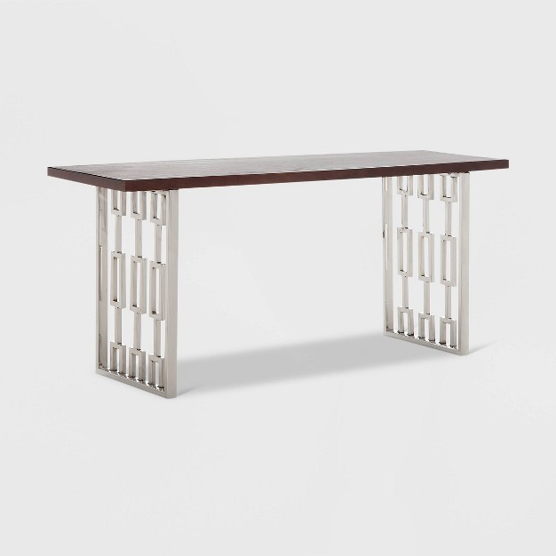 Lennox Contemporary Wood And Silver Metal Bench Dark Walnut Brown Adore Decor