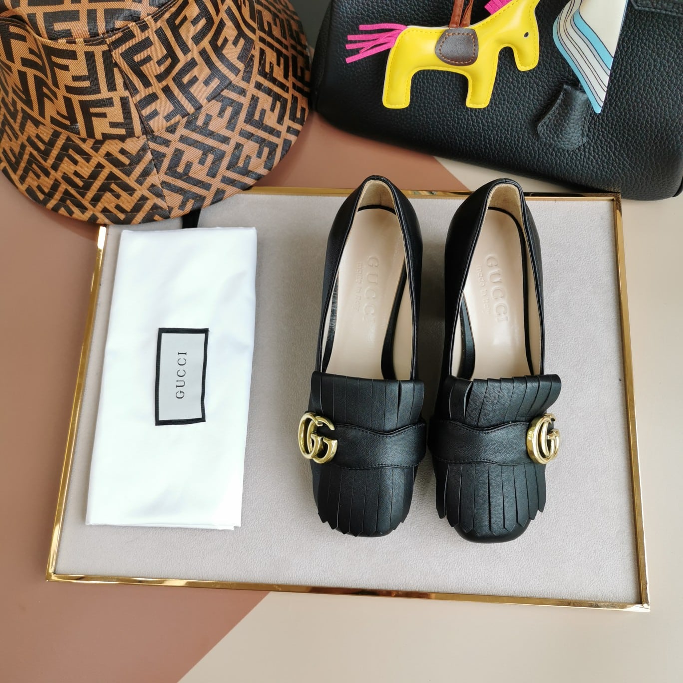 Gucci Wmns Black Leather Mid-Heel Pump 408208 C9D00 1000