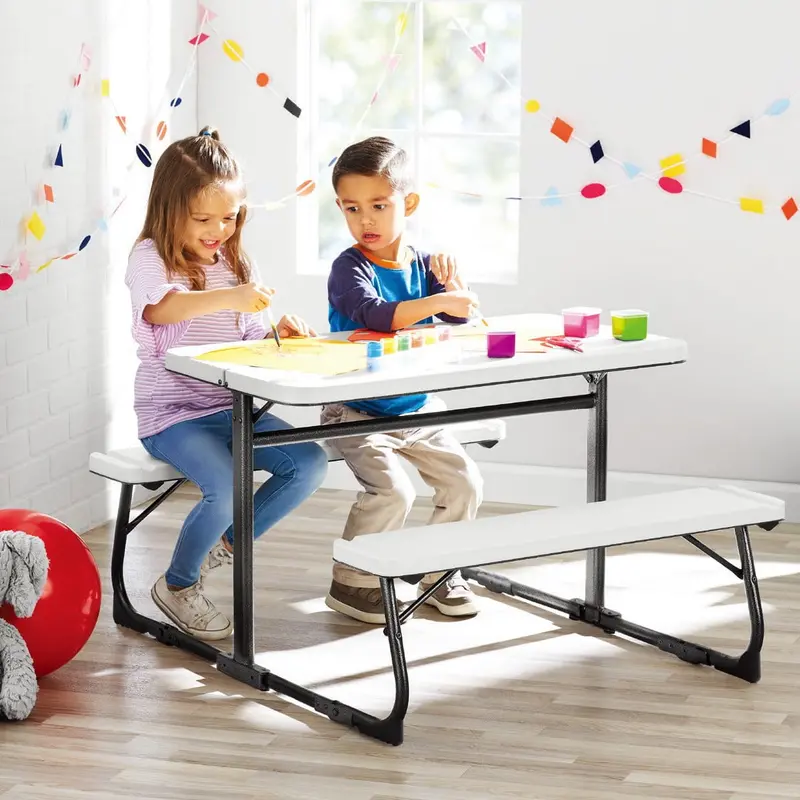 Your Zone Kids Folding Activity Table with Benches – White, Ages 3–8, Space-Saving & Durable
