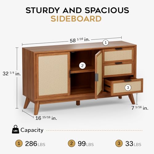 Bme Georgina Solid Wood Sideboard with Geometric Pattern, 2 Doors and 3 Drawers, 61 Inch Mid Century Modern Sideboard Cabinet for Kitchen, Dining Room, Living Room, Dark Choco