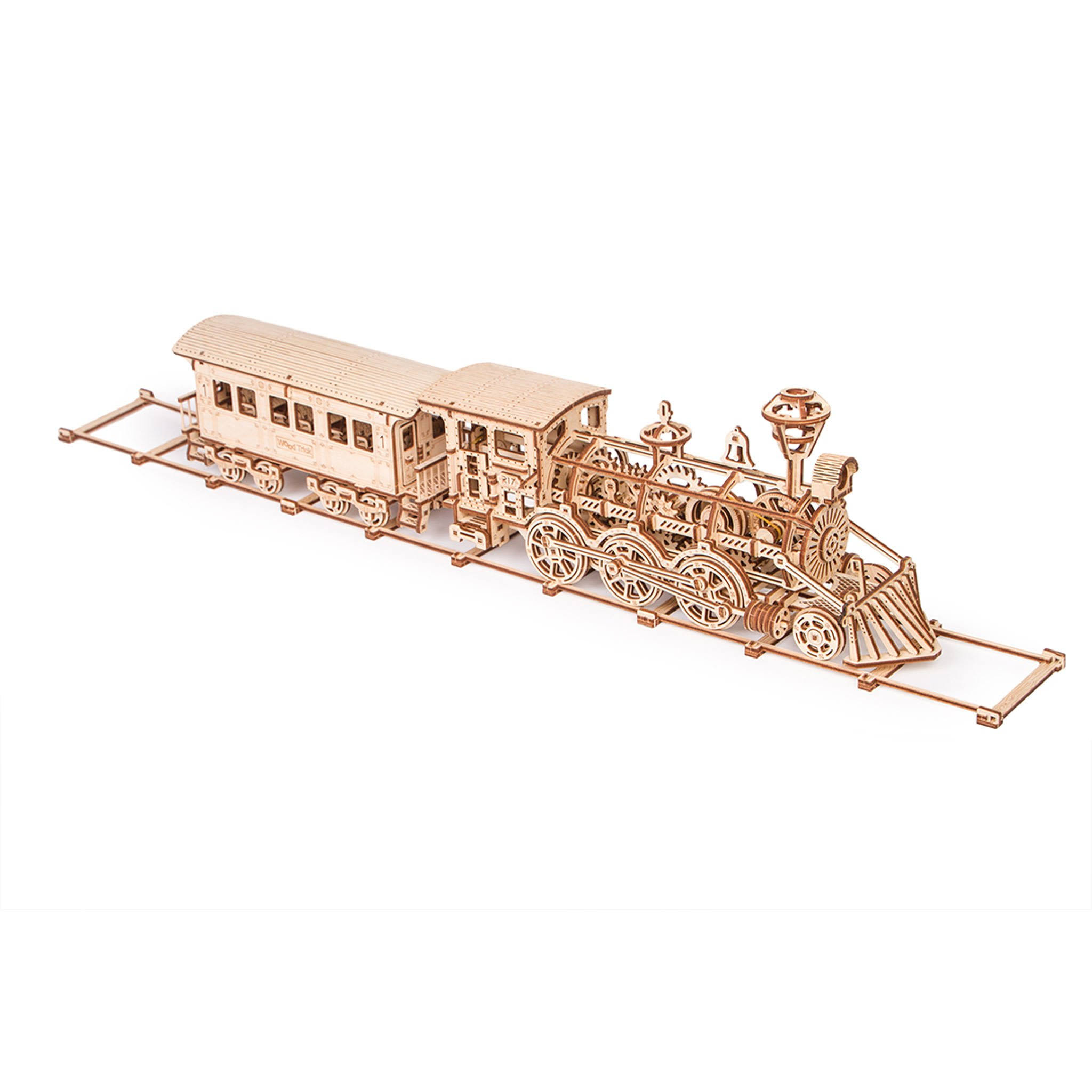 Wood Trick Wooden Toy Train Set with Railway - 34x7â€³ - Locomotive Train Toy Mechanical Model Kit - 3D Wooden Puzzle, Brain