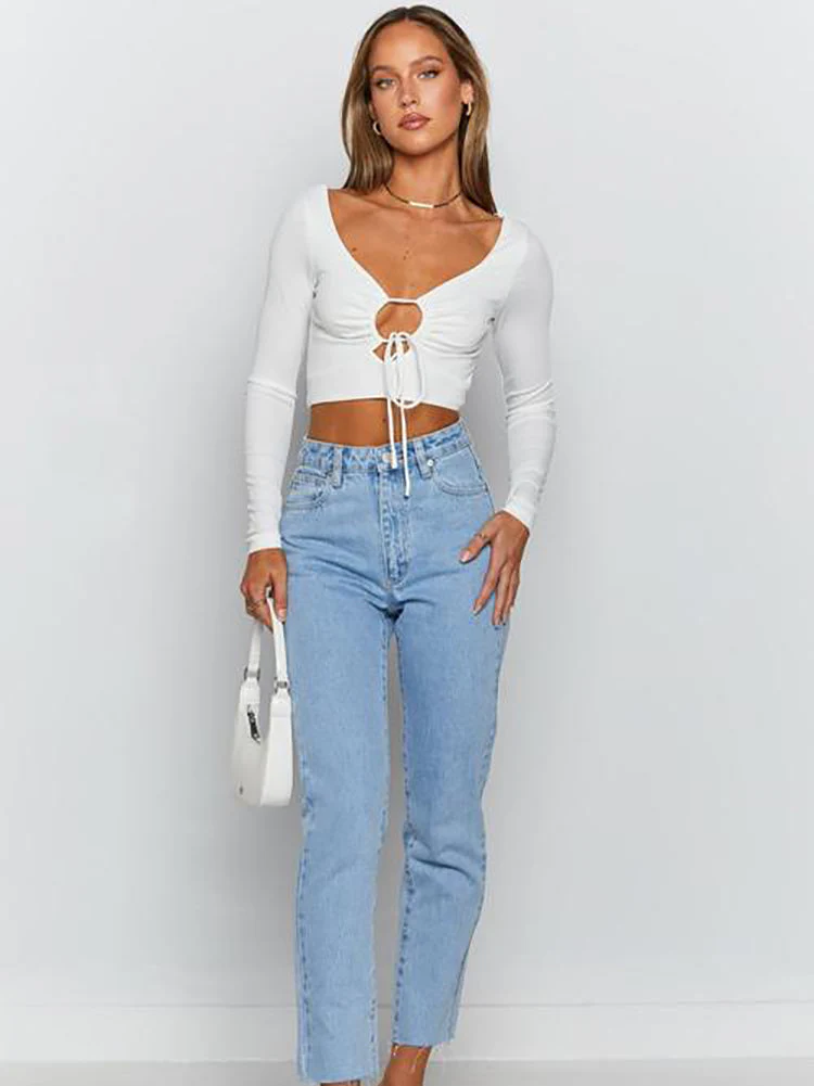 Cutout Tie Detail Long Sleeve Crop TopClistos
