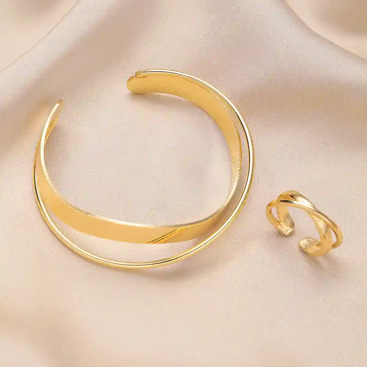 Gold Geometric Open Bangle and Ring Set for Women
